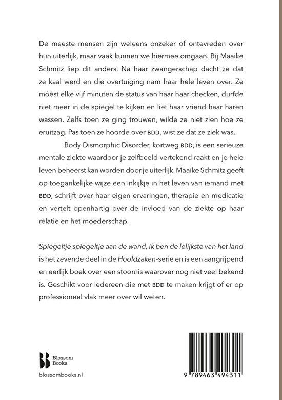 Achterkant boek met tekst over Body Dysmorphic Disorder, ISBN en logo.