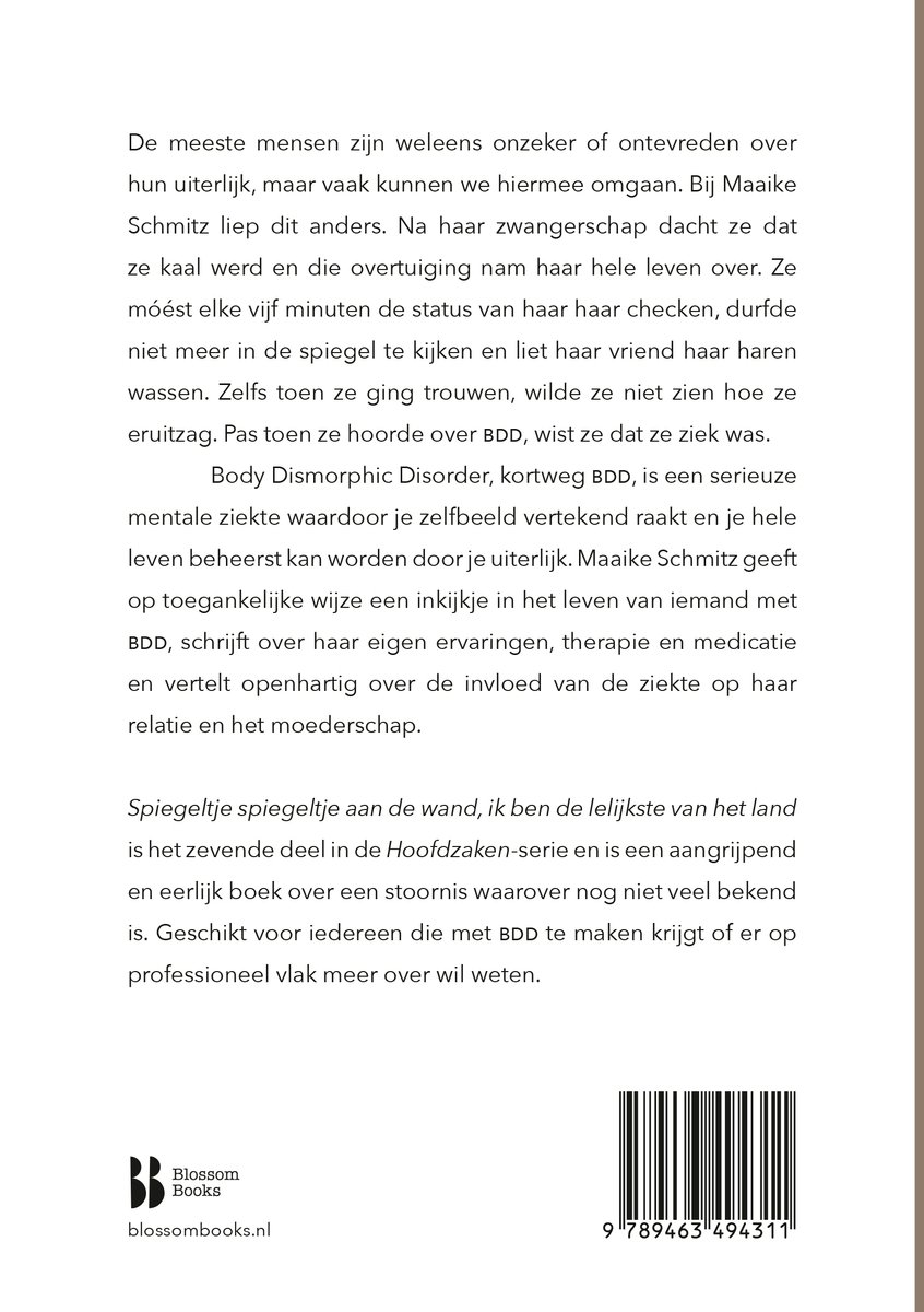 Achterkant boek met tekst over Body Dysmorphic Disorder, ISBN en logo.