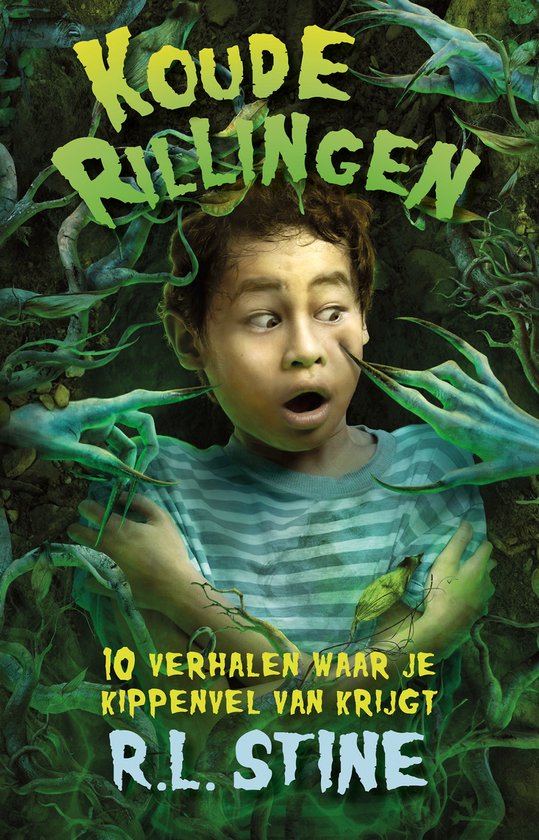 Boekcover 'Koude rillingen' met een jongen met open mond, omringd door groene handen en ranken.