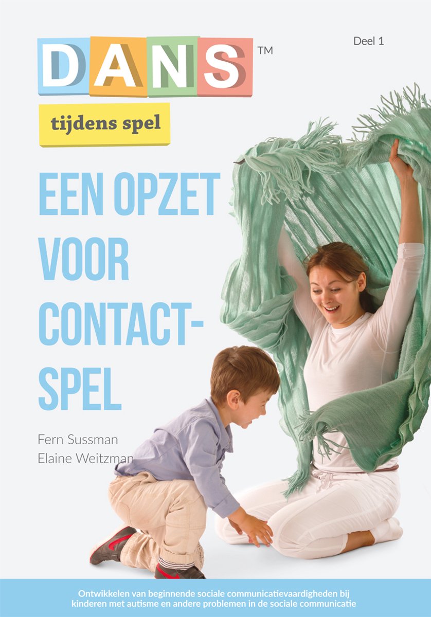 Boekomslag 'DANS tijdens spel deel 1' met vrouw en kind die spelen met turkooizen sjaal.