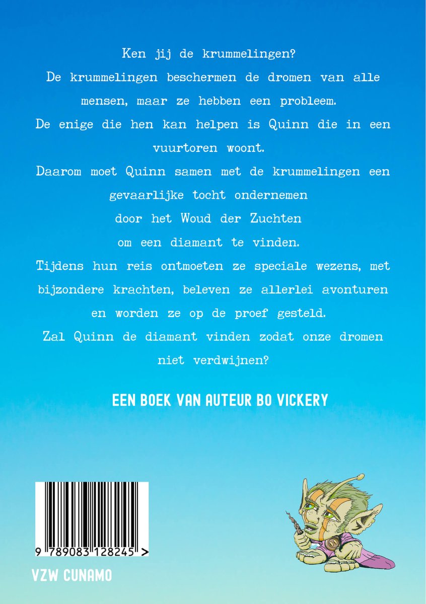 Boekomslag met tekst in het Nederlands. Rechtsonder een illustratie van een groen wezentje.