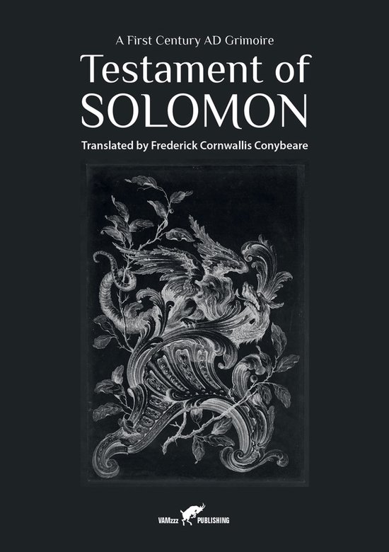 Boekomslag van 'Testament of Solomon', een grimoire uit de eerste eeuw na Christus. Met een gedetailleerde zwart-wit gravure van fantasiewezens en planten.