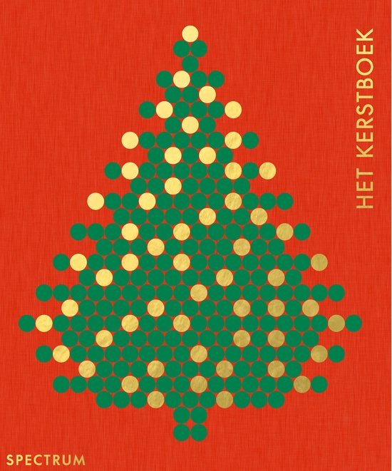 Kerstboom van groene en gouden cirkels op rode achtergrond, met 'HET KERSTBOEK' in gouden letters.