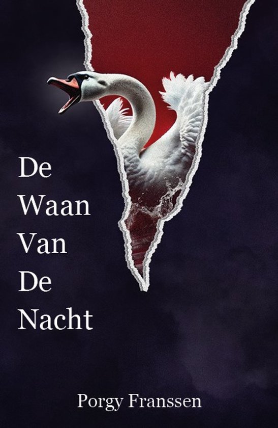Boekomslag met de titel 'De Waan Van De Nacht' en een witte zwaan die uit een scheur steekt.