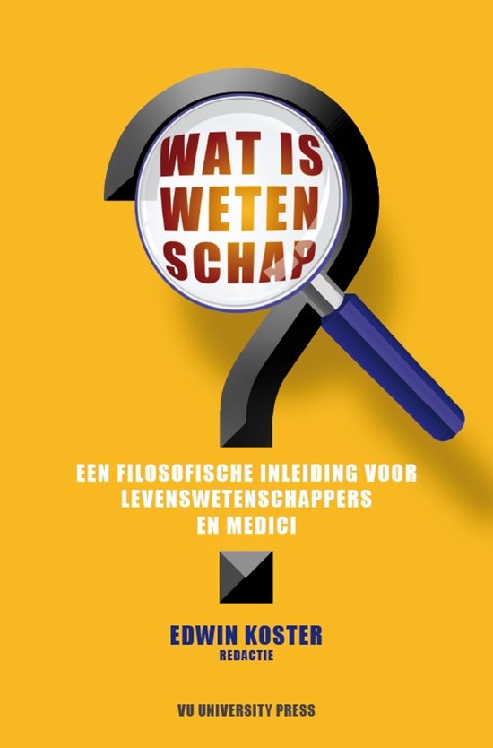 Boekcover met een vraagteken en een vergrootglas erop. Tekst: 'Wat is wetenschap?'.