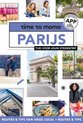 Een collage van Parijse bezienswaardigheden zoals de Eiffeltoren, Arc de Triomphe, macarons en een koppel bij een muur.