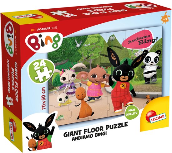Doos met een Bing vloerpuzzel. De puzzel toont Bing en zijn vrienden in een park.