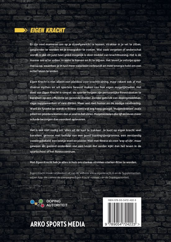 Achterkant van het boek 'Eigen Kracht' met informatie over fitness en dopingautoriteit.