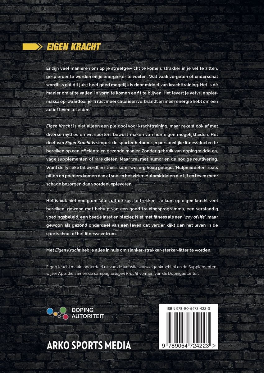 Achterkant van het boek 'Eigen Kracht' met informatie over fitness en dopingautoriteit.