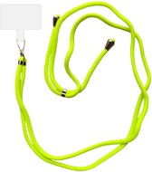 Neon geel koord met een platte patch om aan je telefoon te bevestigen.
