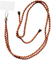Rood, roze en geel gevlochten telefoonkoord met metalen clip en platte sticker.