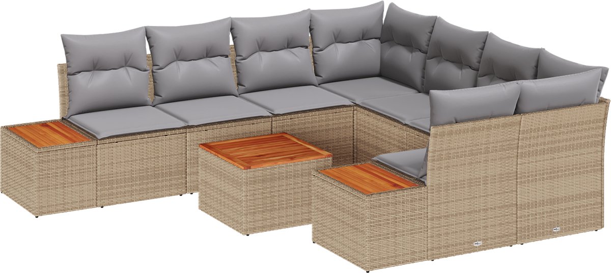 vidaXL - Tuinbank - Set - met - kussen - 9 - pcs - Beige - Poly - rattan