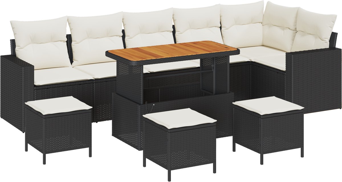 vidaXL - Tuinbank - Set - met - kussen - 12 - pcs - Zwart - en - Crème - poly - rattan