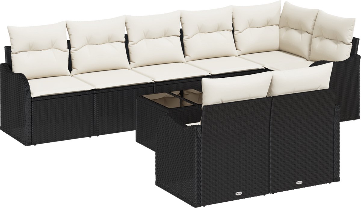 vidaXL - Tuinbank - Set - met - kussen - 9 - pcs - Zwart - en - wit - Poly - rattan