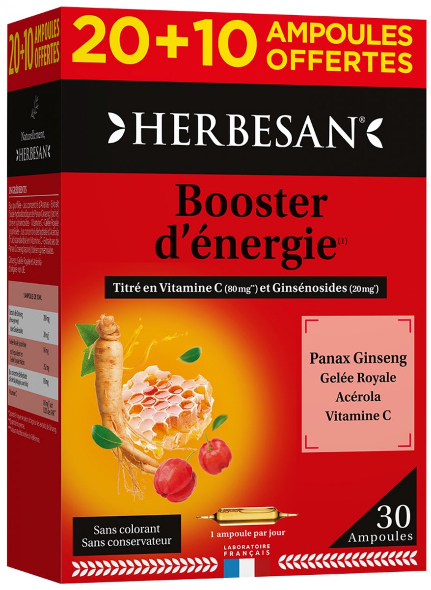 Goedkoopste Herbesan Panax Ginseng CA Meyer Royal Jelly Vitamine C Acerola 20 Ampullen 10 Ampullen Gratis