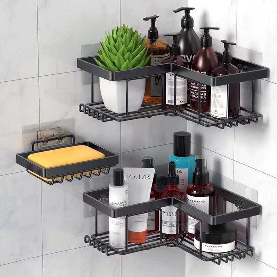 Hoekdouche Caddy - zonder boren badkamerplank, drijvende roestvrijstalen organizer voor cosmetica en shampoo, wandmontage, roestvrij en duurzaam, zwart, 2 lagen (zwart, 1 laag