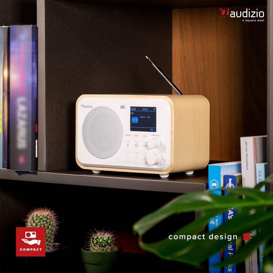 DAB radio met wit front en houten kast op een boekenplank, naast cactussen en boeken.