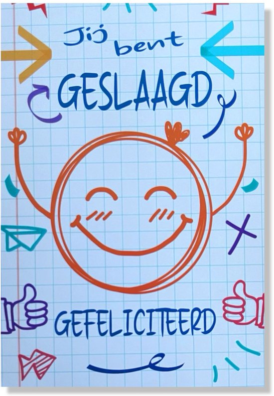 Kaart met de tekst "Jij bent geslaagd gefeliciteerd" met een lachende smiley en ballonnen. Achtergrond met ruitjespapier.
