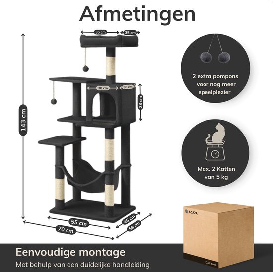 Dimensions du griffoir noir de 143cm, avec deux jouets et une boîte.