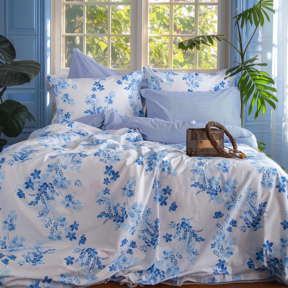 Ibenzoa® Hoogwaardige Katoenen Slaapset – 240x220 cm, Omkeerbaar Strepen & Bloemenpatroon