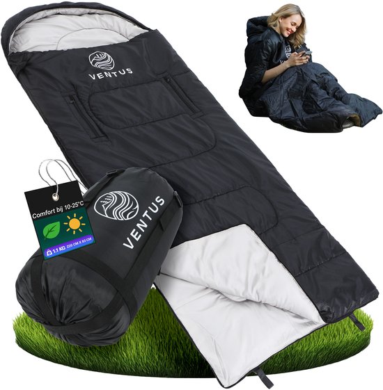 Ventus Sac de Couchage – 220 x 83 cm – Zone de Confort 10 à 25 °C – Avec Sac de Compression – Adulte et Enfant – Sleeping Bag – Slaapzak – Léger – Jumelable 1 ou 2 Personnes – Idéal pour le Camping – Noir