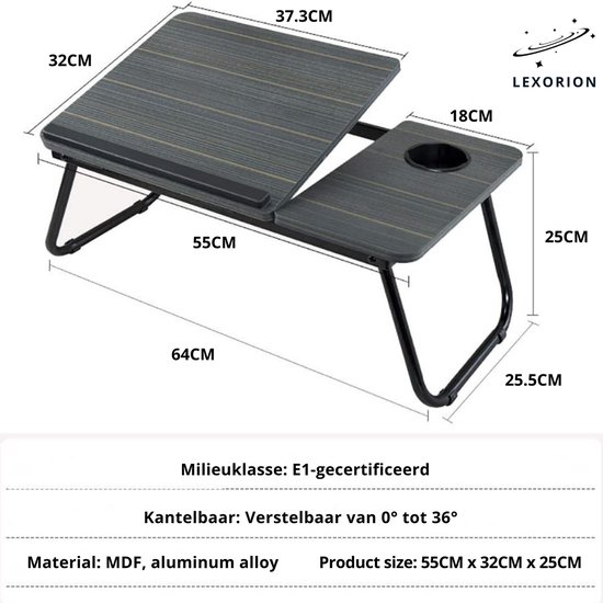 Afmetingen van de grijze gestreepte laptoptafel: 55x32x25cm. Kantelbaar van 0° tot 36°.