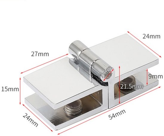 Zilverkleurig scharnier voor glazen deur, met afmetingen 54x24x21.5 mm, en 15mm diepte.