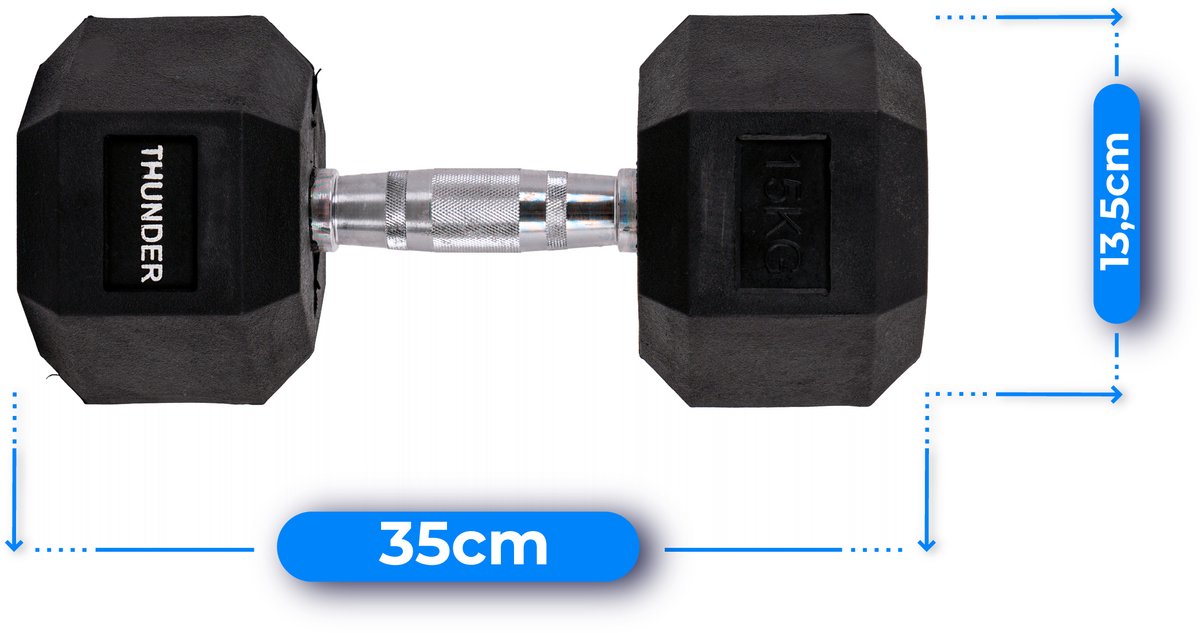 THUNDER® HEXAGONAL-DUMBBELLS-15KG Zwarte Rubberen Halter Stalen Kern Voor Krachttraining & Fitness Antislip Duurzaam & Professioneel Per Stuk - Stevige Grip – foto 7