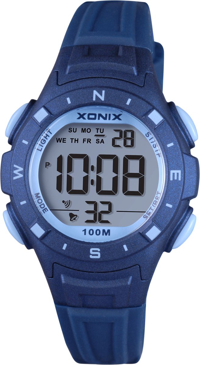 Xonix IB-A06 - Horloge - Polshorloge - Digitaal - Kinderen - Unisex - Rond - Siliconen band - ABS - Cijfers - Achtergrondverlichting - Datumaanduiding - Alarm - Start-Stop - 12-24u - Tweede tijdzone - Waterdicht - DonkerBlauw - LichtBlauw