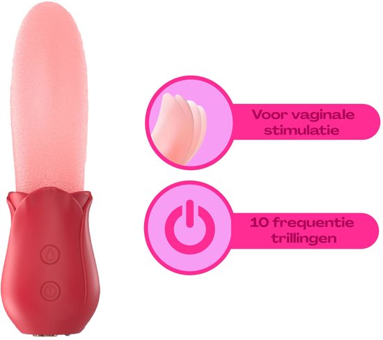 Rode tounge vibrator met roze, tongvormige opzetstuk. Bevat tekst: "Voor vaginale stimulatie" en "10 frequentie trillingen".