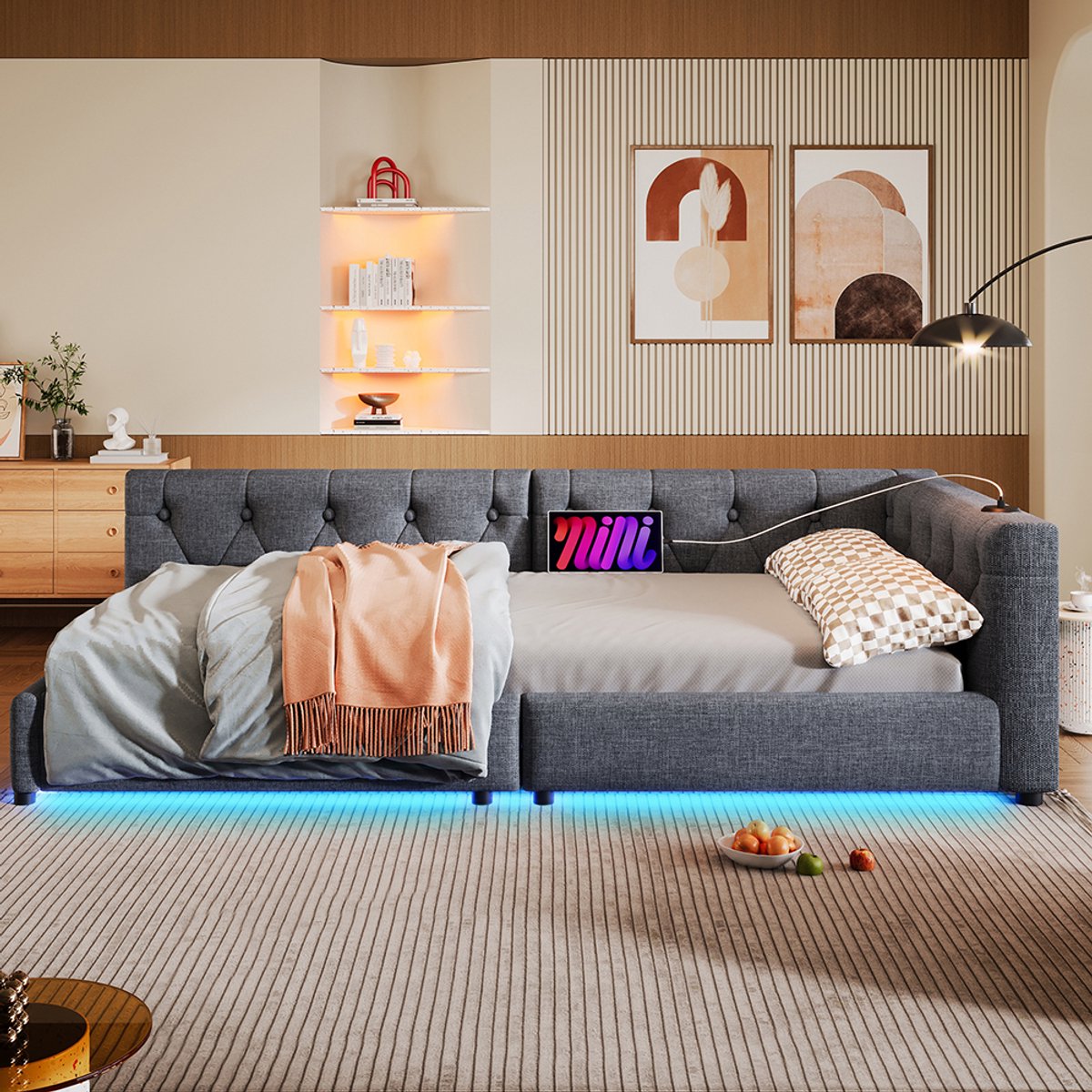 Pugsdrly Eenpersoonsbed Volwassen bed Enkel bed 90x200 cm Sofa bed met lattenbodem sfeerverlichting met USB+Type-C linnen grijs