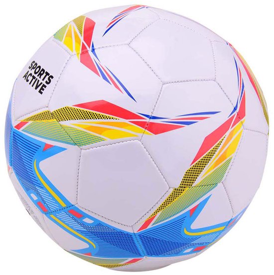 Wit voetbal met blauwe, gele en rode lijnen en het opschrift 'SPORTS ACTIVE'.