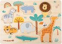 Houten puzzel met safari-thema: leeuw, giraf, olifant, nijlpaard, zebra, tijger, krokodil, slang, papegaai en regenboog.