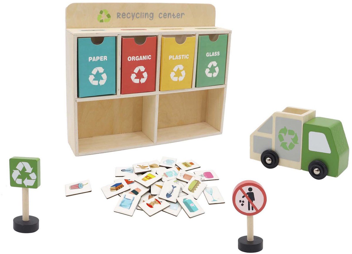 Recyclingcentrum houten speelgoed educatief afval scheiden set.