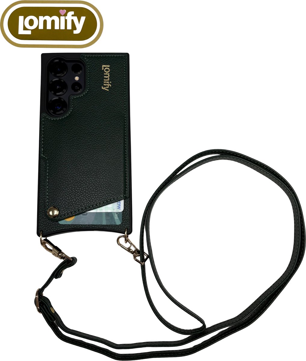 Lomify Corded Case geschikt voor de Samsung Galaxy S24 Ultra met pasjeshouder voor 2-3 pasjes incl bijpassende strap, vegan leer Donker Groen