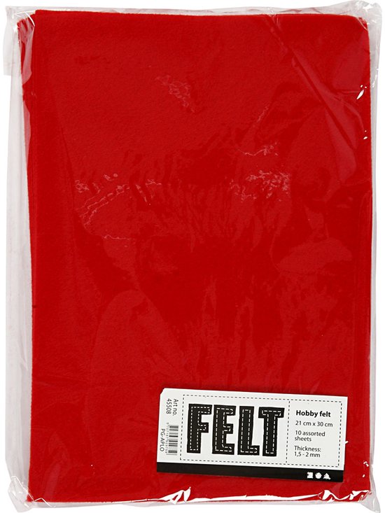 Verpakking met 10 vellen rood hobbyvilt, 21x30 cm, 1,5-2 mm dik.