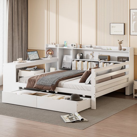 Gotagee Houten Slaapbank 140x200 Met Uitschuifbaar Bed Multifunctioneel Eenpersoonsbed Kinderbed Met Veel Opbergvakken En Oplaadpoort Wit