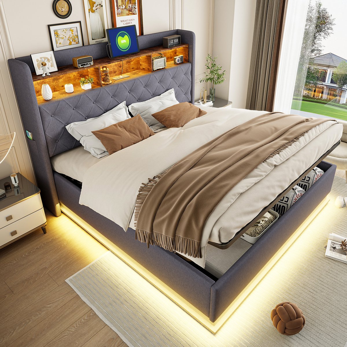 Pugsdrly Tweepersoonsbed Volwassen bed LED opbergbed 180 x 200 cm met opbergruimte, USB oplaadpoort en hydraulische opberging linnen grijs