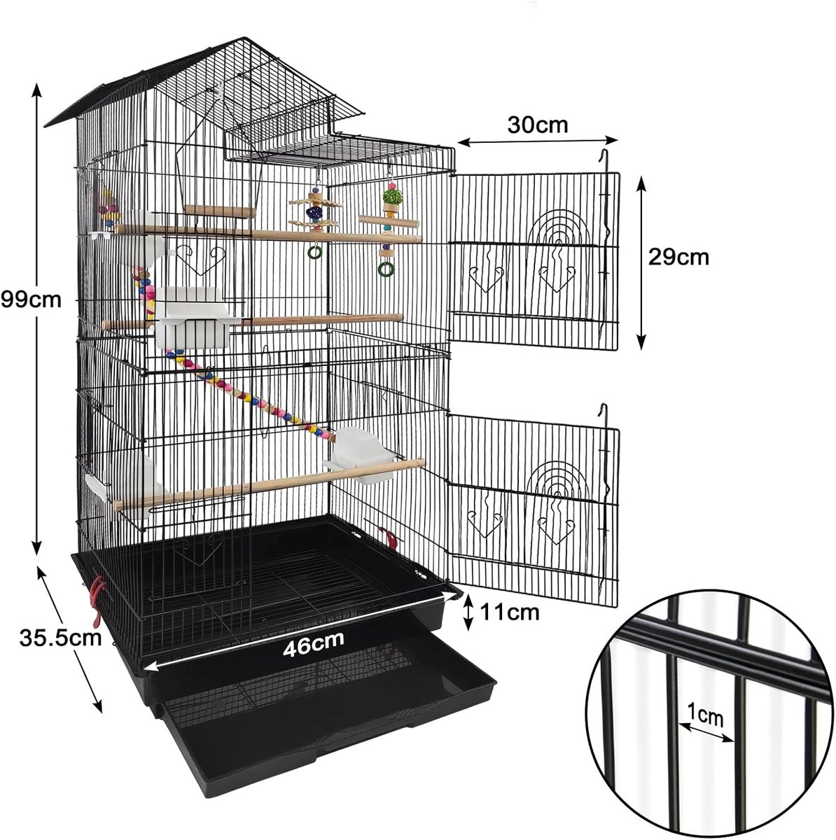 UISEBRT Vogelkooi met houten stangen en voederbakken, groot vogelhuisje, vogelvolière, metaal, vogelbouwer, kooi, vogel voor vinken, kanaries, parkieten, zwart (type C, 46 x 36 x 62 cm