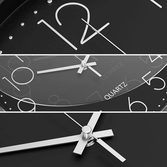 Close-up van een zwarte wandklok, met een focus op de wijzers en het "Quartz"-logo.