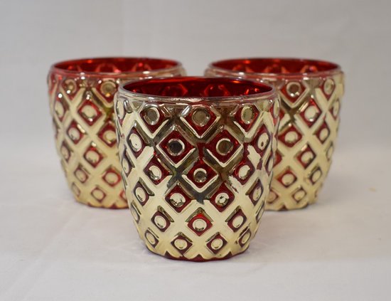 ZoeZo Design - 3 stuks - waxinelichtjeshouder - kerst - rood - goud - vintage - glas - H9 x Ø9 cm