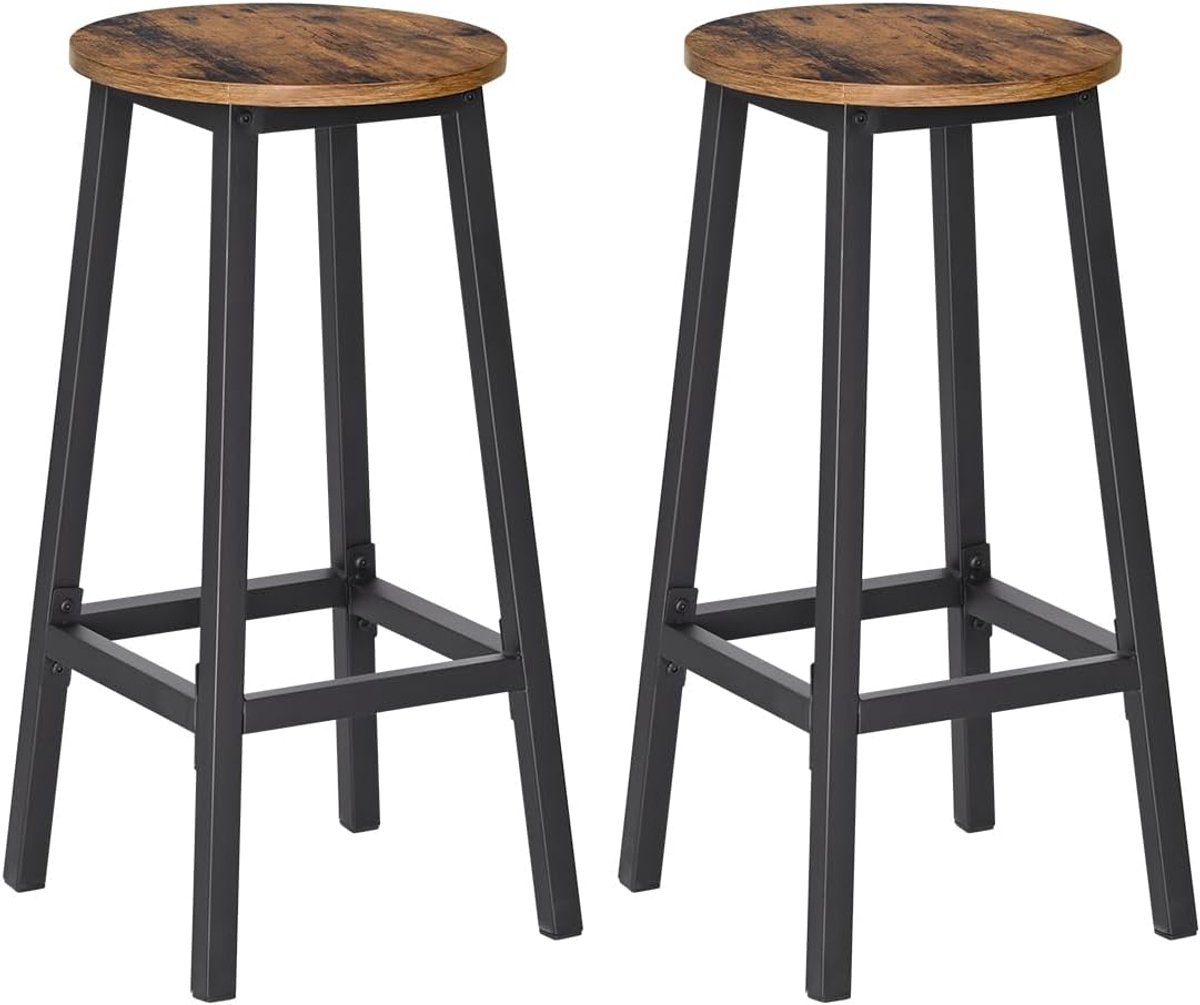 Industriële Barkrukken Set van 2 Stevig Metaal Onderstel 67 cm Houten Zithoogte Rustiek Bruin & Zwart Barkruk Hout Ronde Bar Kruk Industrieel Stijl Keuken Eetkamer Stoelen met Voetsteun Hoge Keukenkrukken Ontbijt Barkrukken