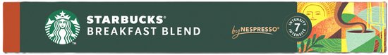 Boîte de capsules de café Starbucks Breakfast Blend avec logo Starbucks, 'by Nespresso' et illustration artistique.