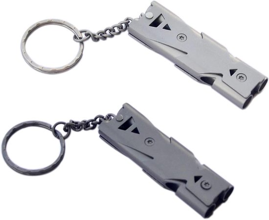 WOLMIK Noodfluitjes - 4 stuks dubbele buizen veiligheidsfluitjes met sleutelhanger voor buiten, kamperen, wandelen, backpacken, sport, hondentraining