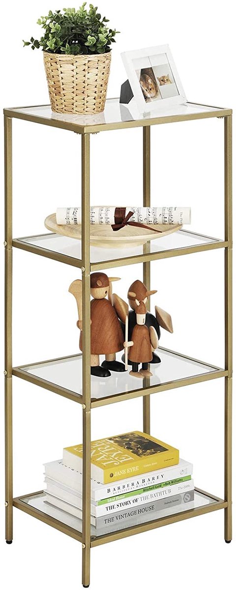 Vitrinekast Goud Glas – Glazen Wandkast – Opbergrek met 4 Planken – Badkamerkast – Boekenkast – Decoratief Rek – Metalen Frame – Modern Design – Voor Woonkamer, Slaapkamer, Hal, Kantoor – Luxe Stijl