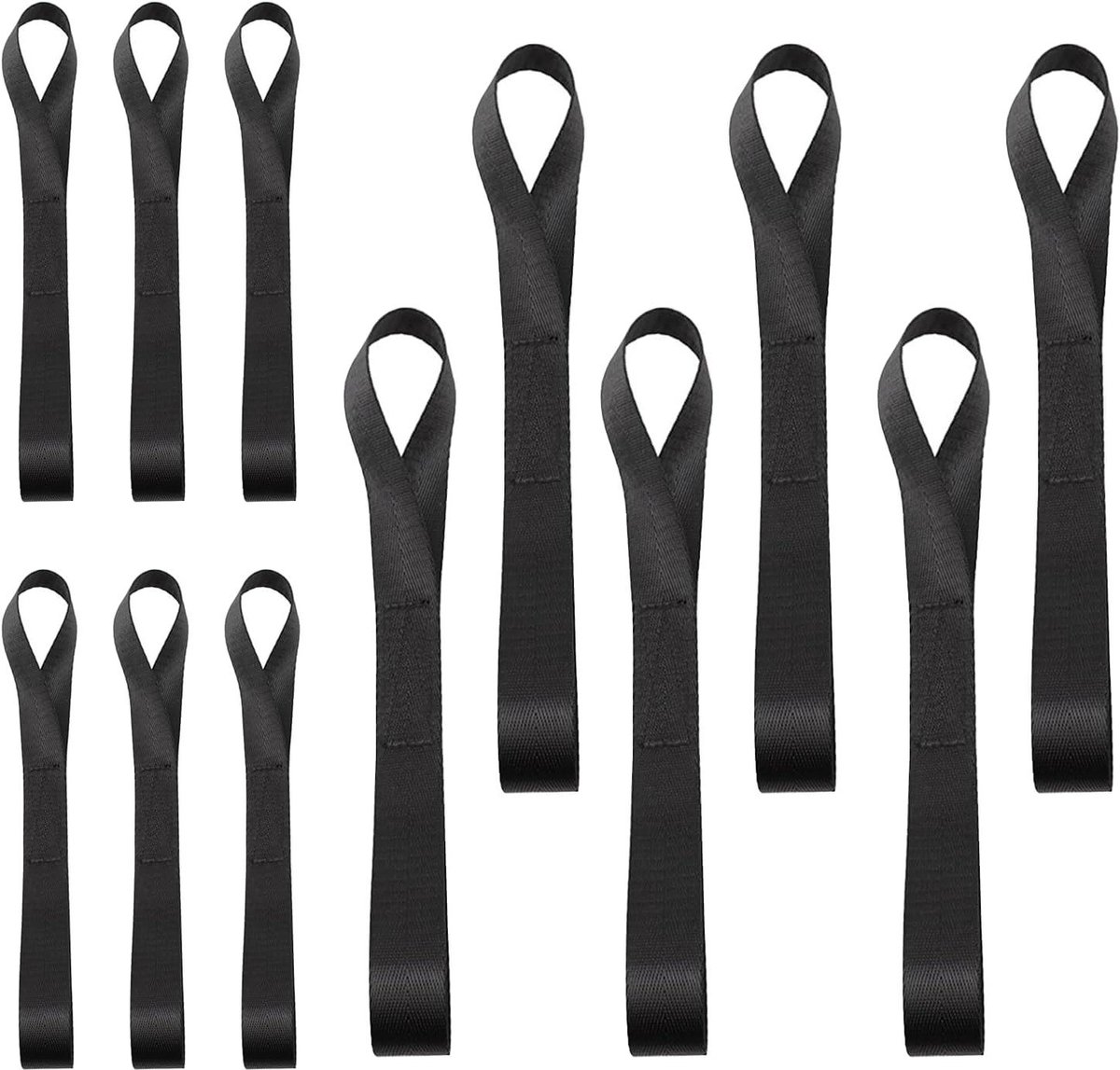 12 stuks nylon sjorlussen van 465 x 6 cm en 295 x 6 cm - 100 kg belastbaarheid - voor fietsen, motorrijden, transport, kamperen, klimmen, ophanging (zwart)
