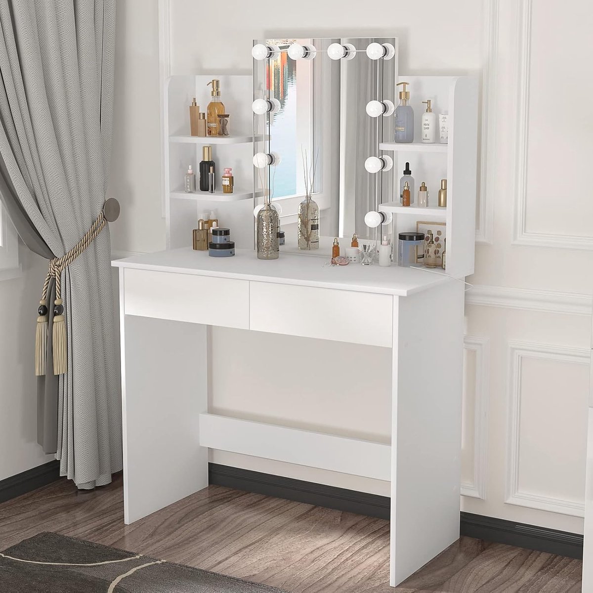 Kaptafel met LED Verlichting & Spiegel - Modern Make-up Tafel met Opbergruimte in Wit