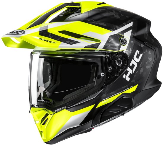 Zwarte HJC adventure motorhelm met camouflagepatroon, felgeel vizier, witte en gele accenten.