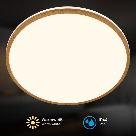 Ronde plafondlamp met houten rand, met warm wit licht en IP44-spatwaterbescherming.