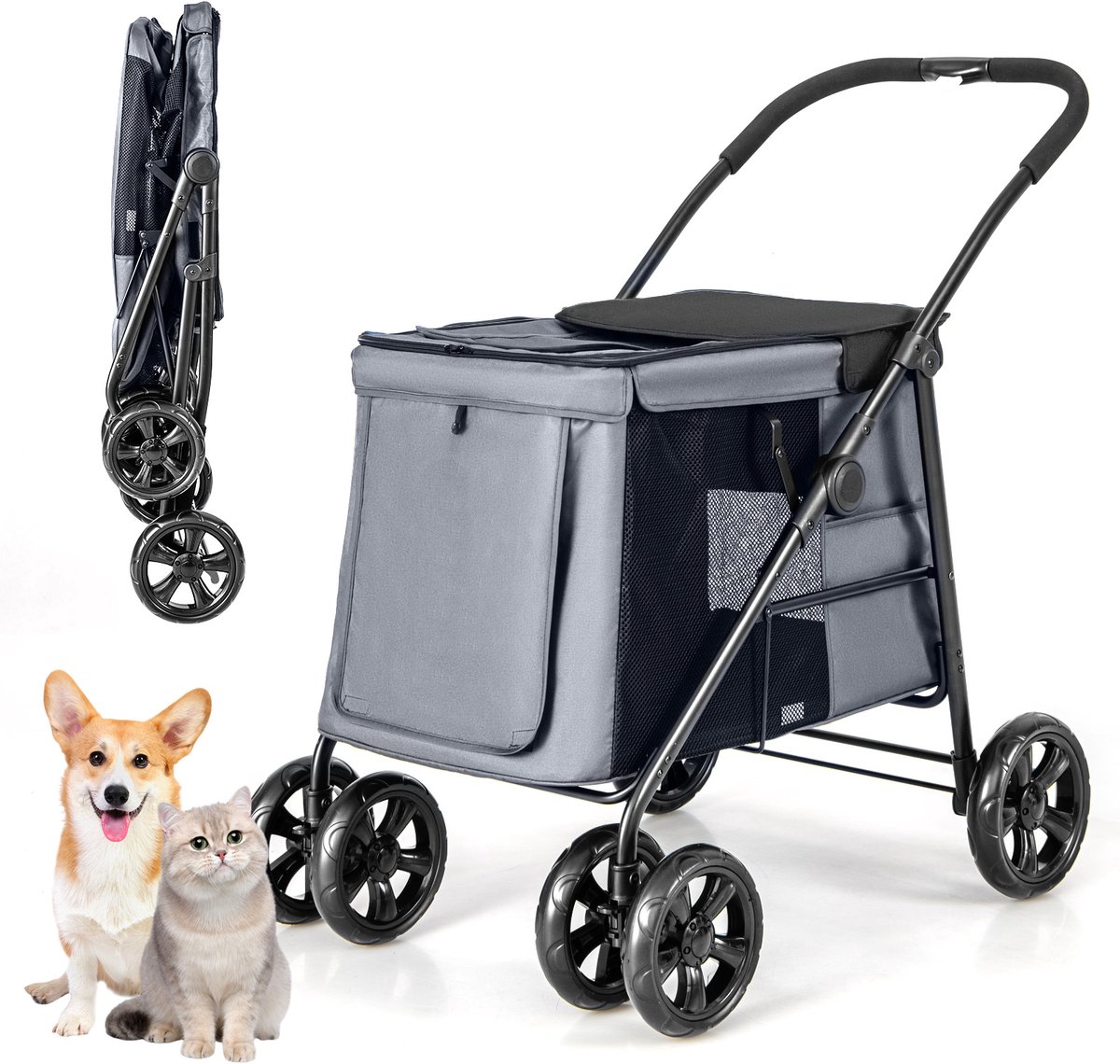 COSTWAY Hondenwagen, hondenbuggy, inklapbaar, tot 40 kg, hondentrolley met kussen, huisdierwagen met netvensters en bovenste opbergvak, 2 deuren en zijvakken, huisdierbuggy voor honden en katten,
